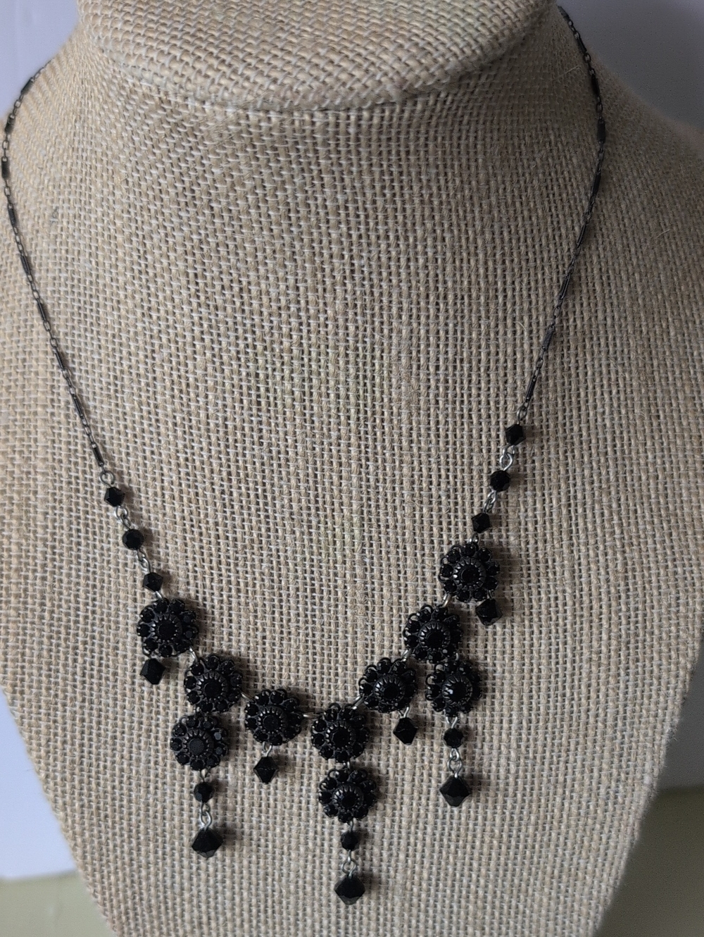 Vintage Necklace Liz Palacio Of S. F Black Floral Crystal Statement Necklace -